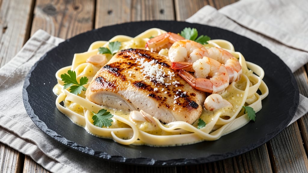Baked Chicken and Shrimp Alfredo Recipe: Creamy Pasta Fusion With Double Protein