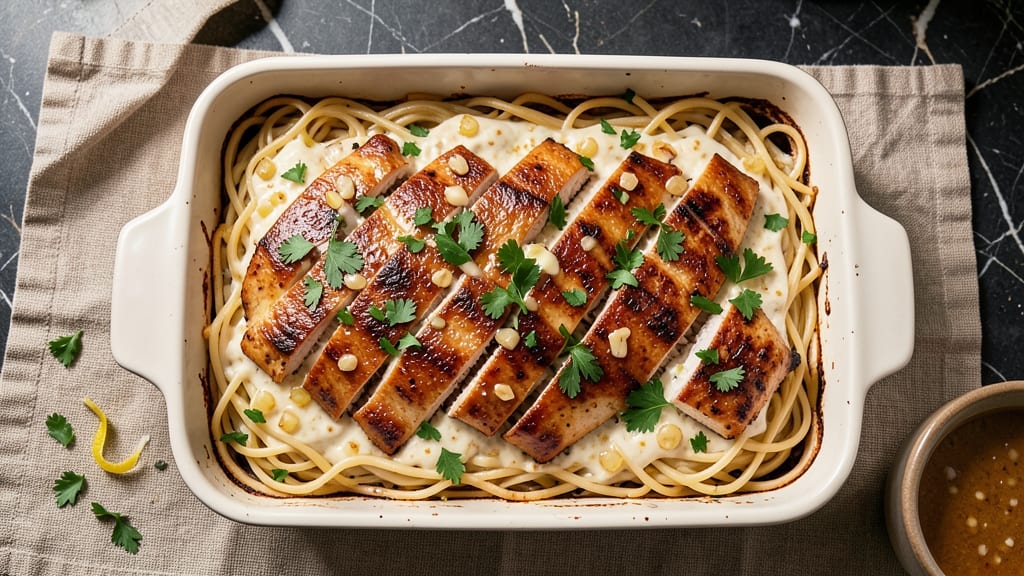 Baked Chicken Spaghetti Casserole Recipe: Cheesy Crisp Top, Tender Chicken