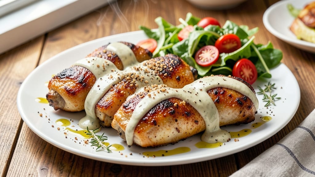 Baked Chicken Thighs Recipe with Ranch Dressing: Crispy Parmesan Crunch and Cool Creamy Dip