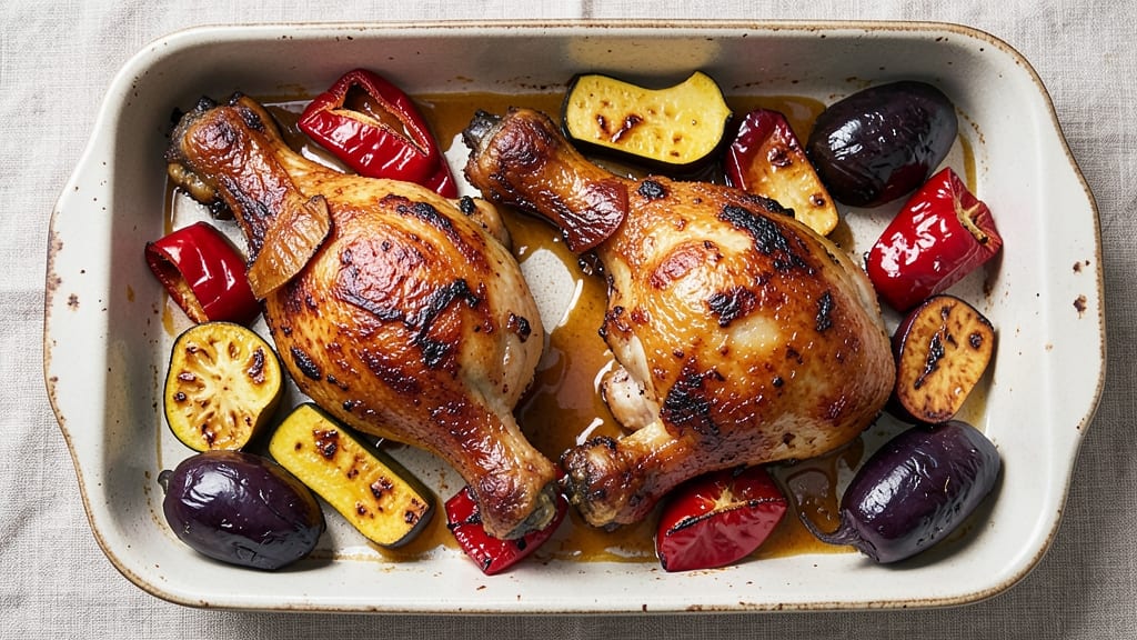 Baked Chicken Legs With Vegetables Recipe: Honey-Glazed Crisp Skin and Caramelized Roots